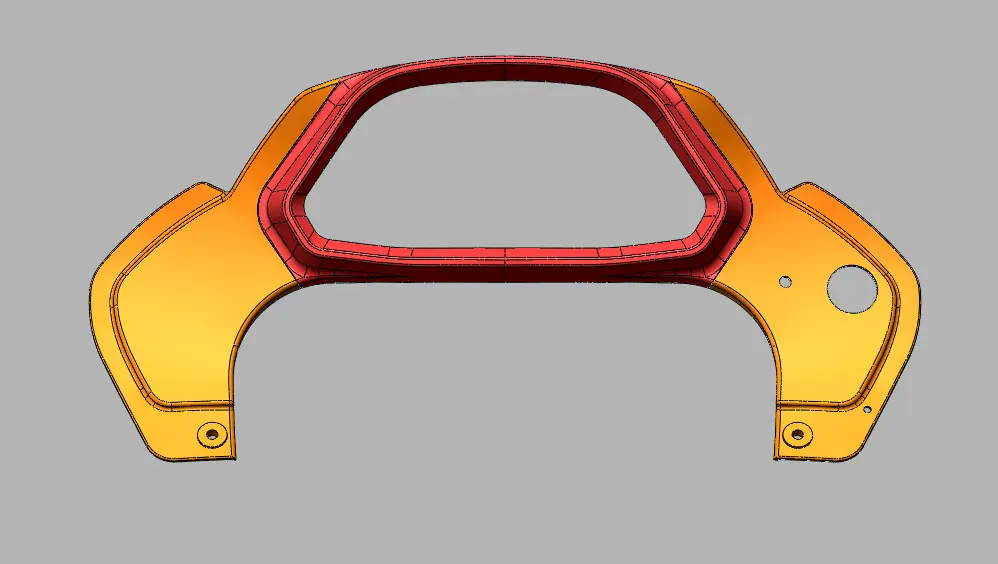 Modèle 3D d'une pièce affiché dans un logiciel de CAO, en dégradé du jaune au rouge